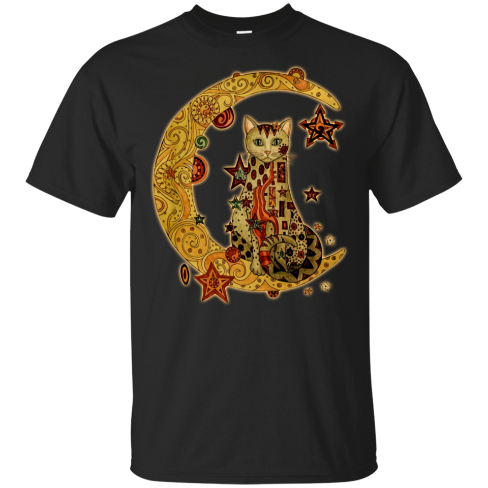Cat Sitting On Crescent Moon Black T-Shirt Men