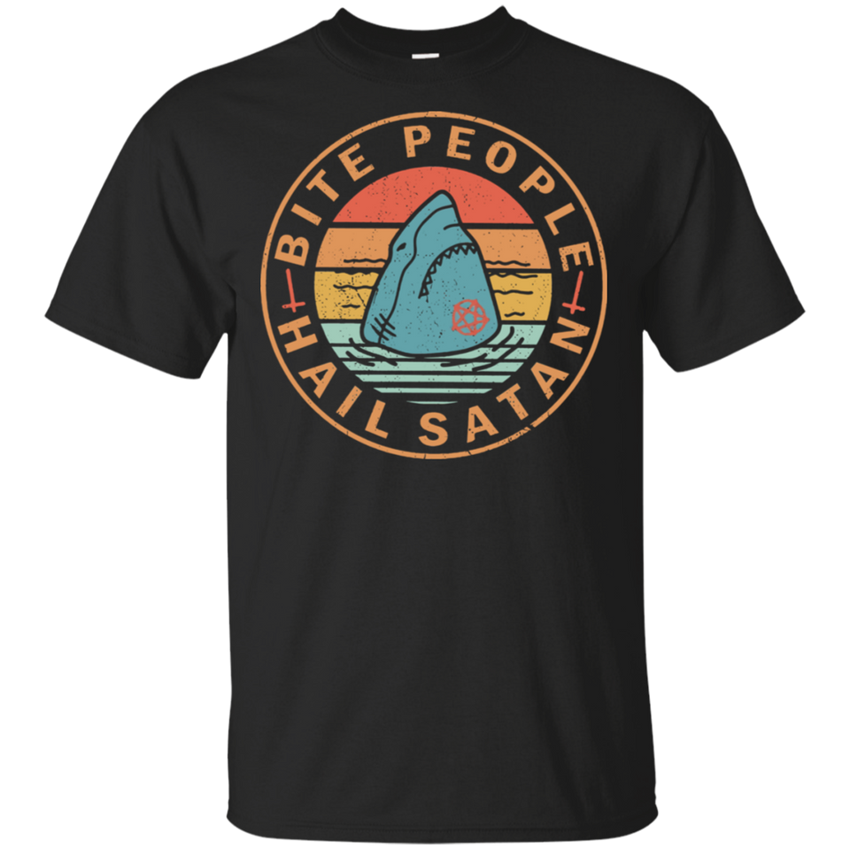Vintage Shark Bite People Hail Satan Black T-Shirt Men